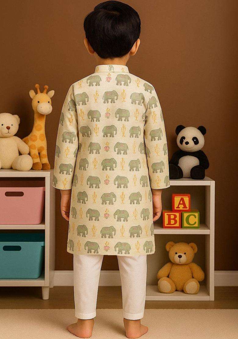 Off White Printed Cotton Kurta Set For Boys - Indya