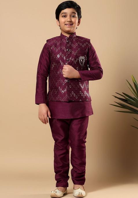 Maroon Solid Silk Kurta Set For Boys — view on Indya
