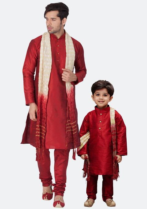 Maroon Solid Silk Kurta Set For Boys — view on Indya