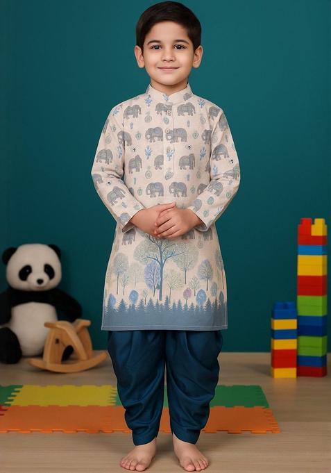 Teal Printed Cotton Kurta Set For Boys — view on Indya