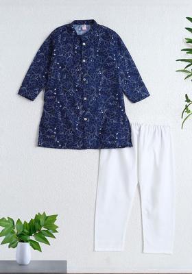 Navy Blue Printed Polyester Kurta Set For Boys