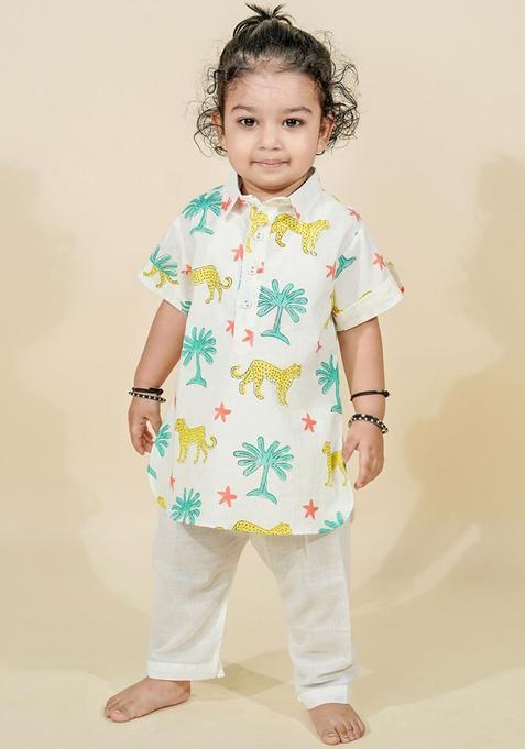 White Printed Cotton Kurta Set For Boys — view on Indya