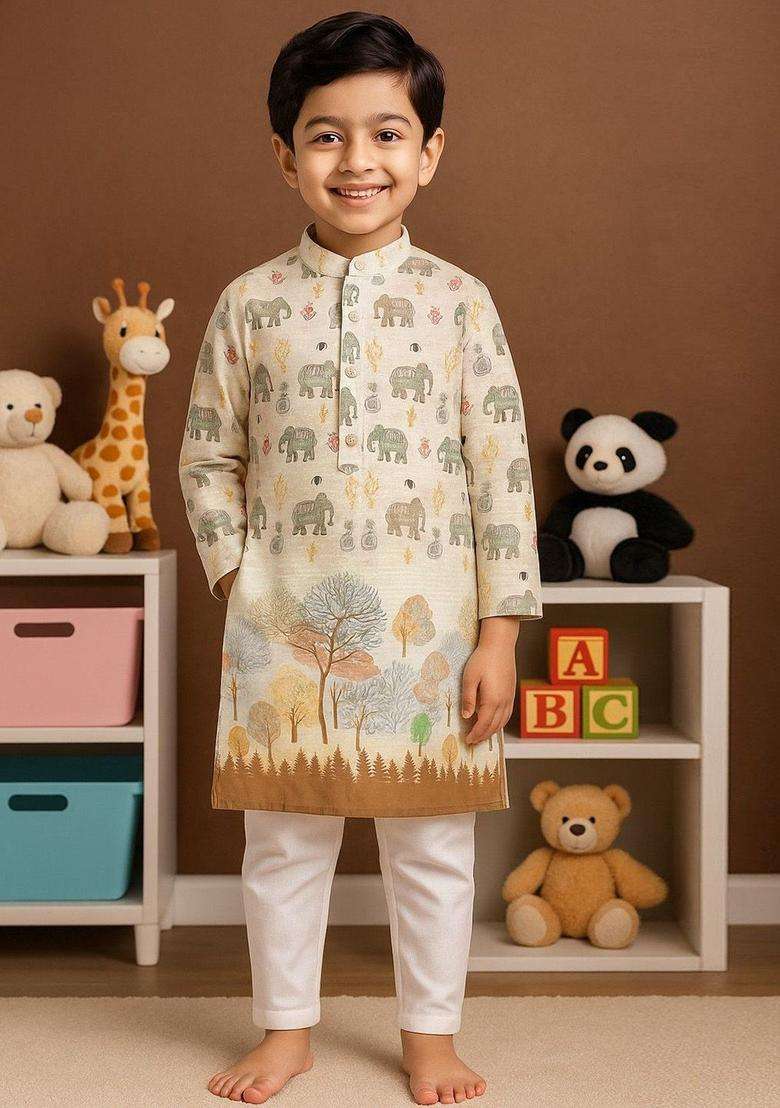 Brown Printed Cotton Kurta Set For Boys - Indya