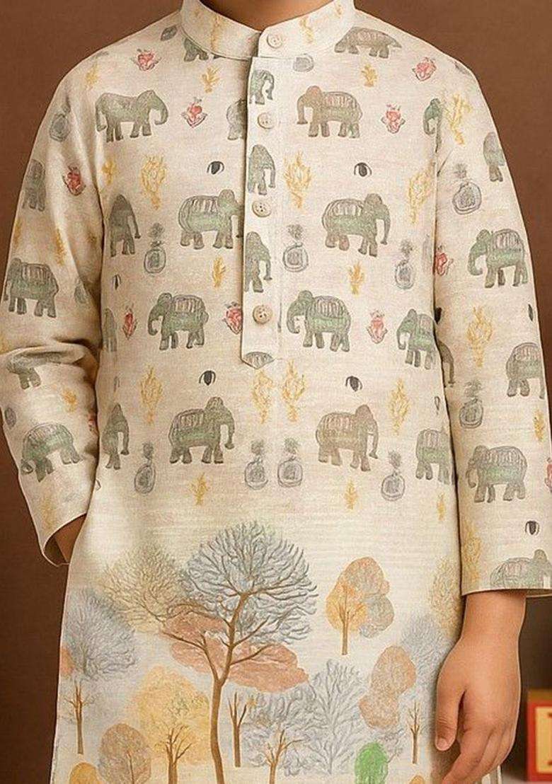 Brown Printed Cotton Kurta Set For Boys - Indya