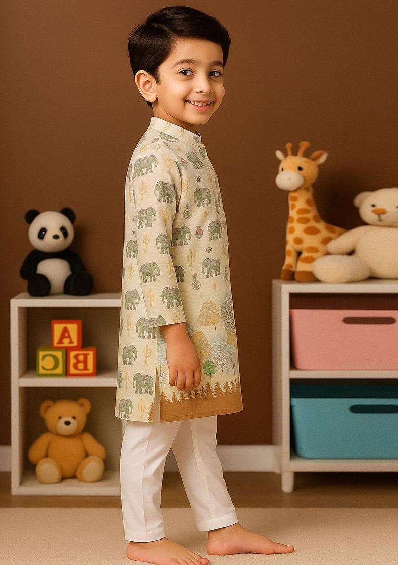 Brown Printed Cotton Kurta Set For Boys - Indya
