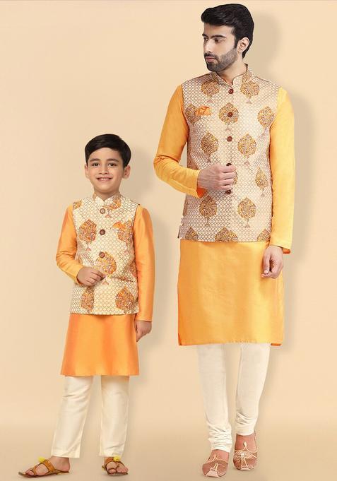 Yellow Printed Cotton Kurta Set For Boys — view on Indya