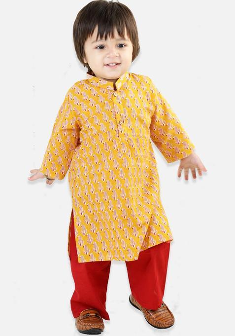 Yellow Printed Cotton Kurta Set For Boys — view on Indya