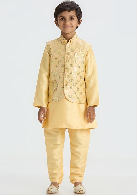 Gold Embroidered Silk Kurta Set For Boys — view on Indya