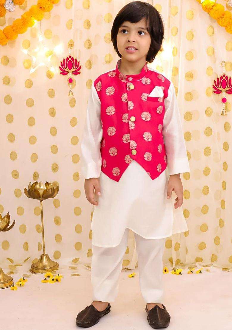 White Solid Silk Kurta Set For Boys - Indya