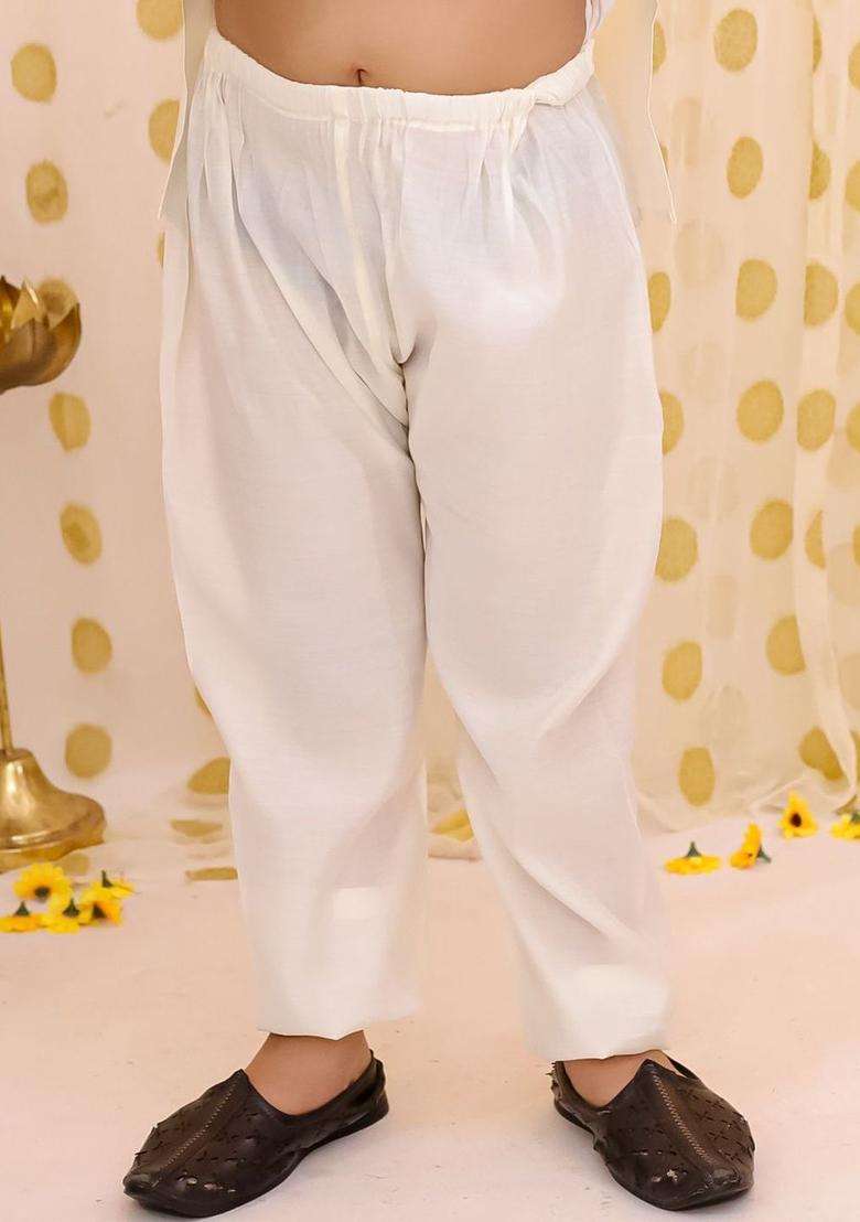 White Solid Silk Kurta Set For Boys - Indya