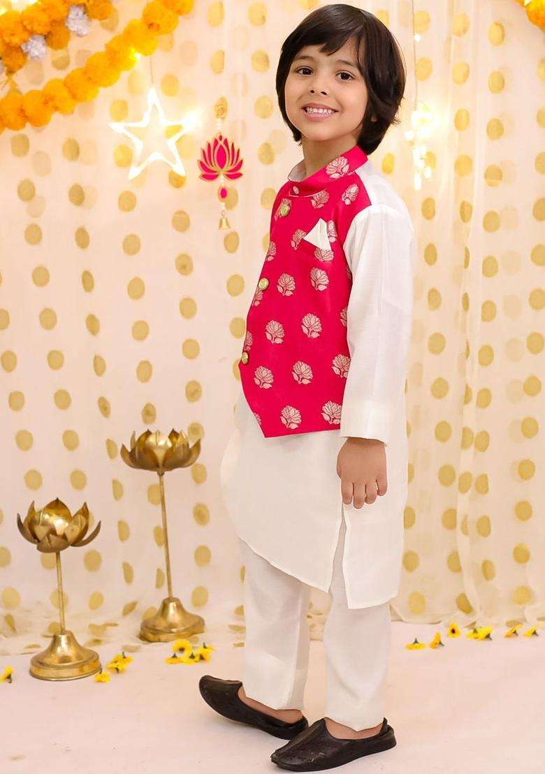 White Solid Silk Kurta Set For Boys - Indya