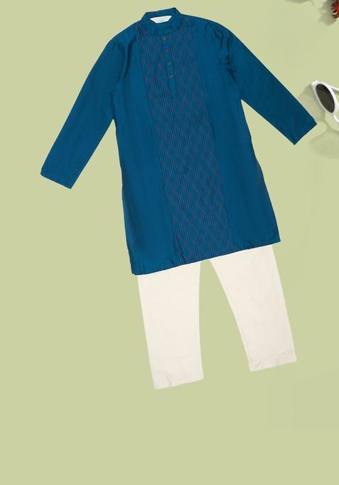 Teal Embroidered Viscose Kurta Set For Boys — view on Indya