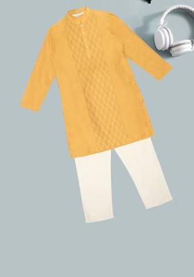 Mustard Printed Viscose Kurta Set For Boys