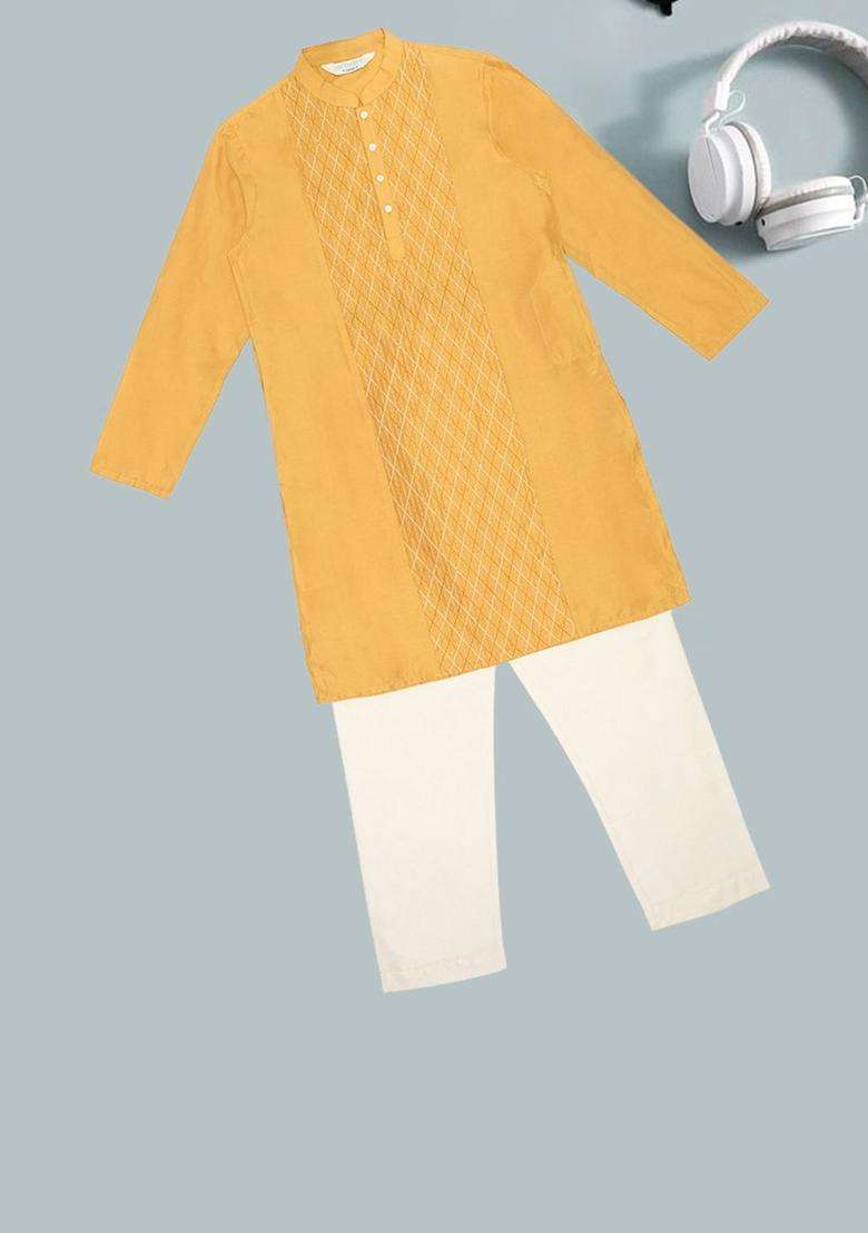 Mustard Printed Viscose Kurta Set For Boys - Indya