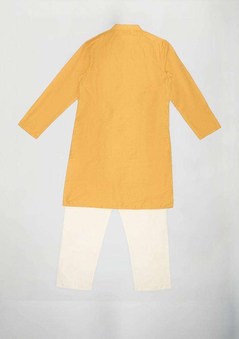 Mustard Printed Viscose Kurta Set For Boys - Indya