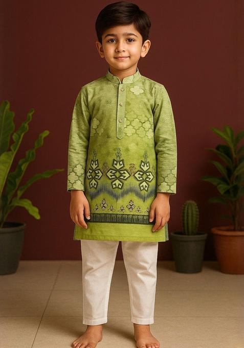 Green Printed Cotton Kurta Set For Boys — view on Indya