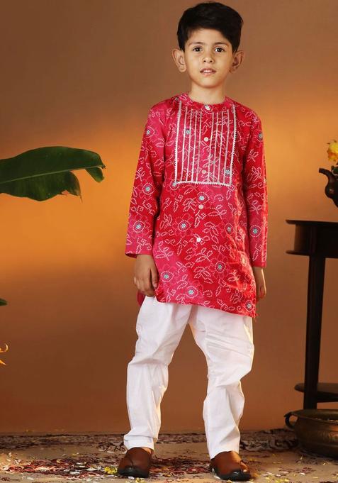 Pink Printed Cotton Kurta Set For Boys — view on Indya