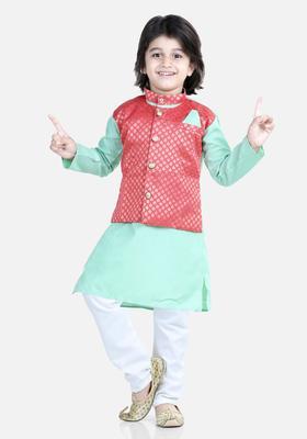 Green Woven Design Cotton Kurta Set For Boys