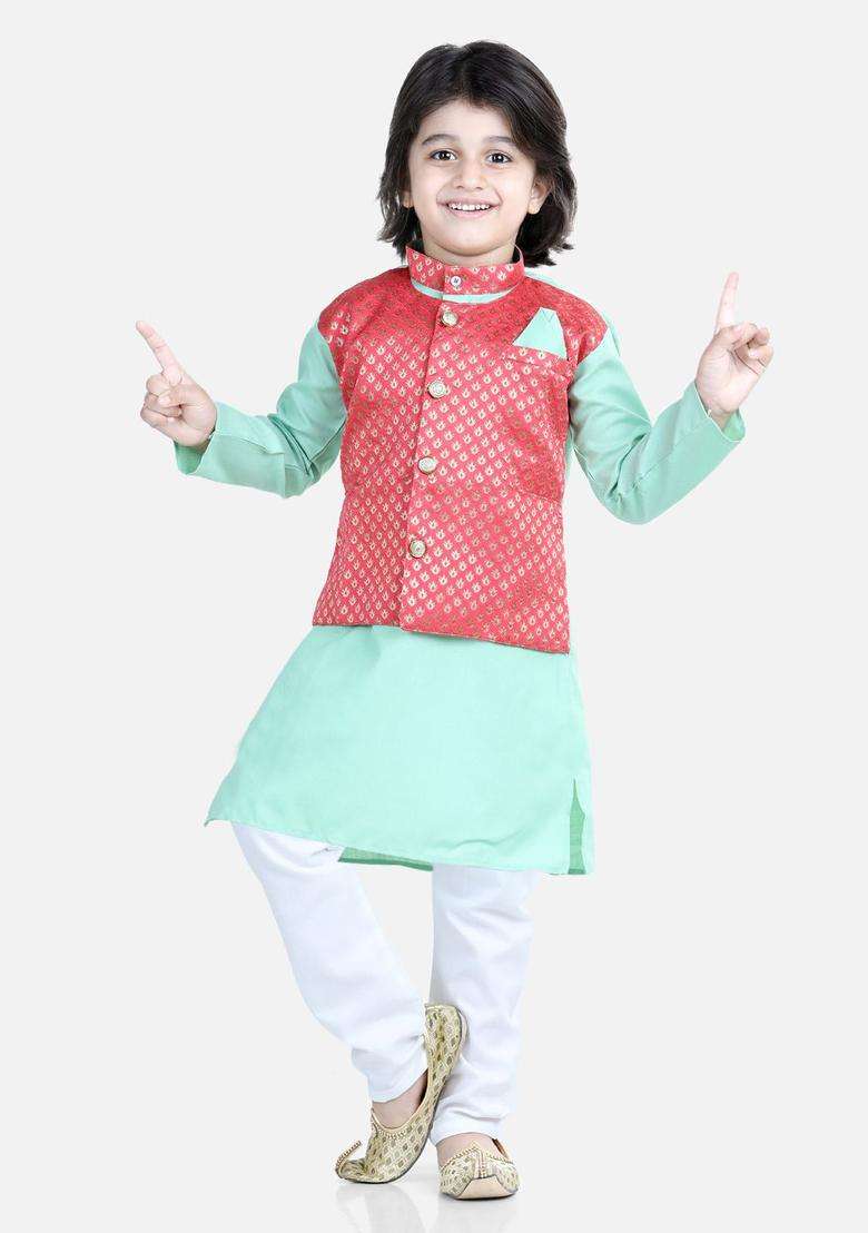 Green Woven Design Cotton Kurta Set For Boys - Indya