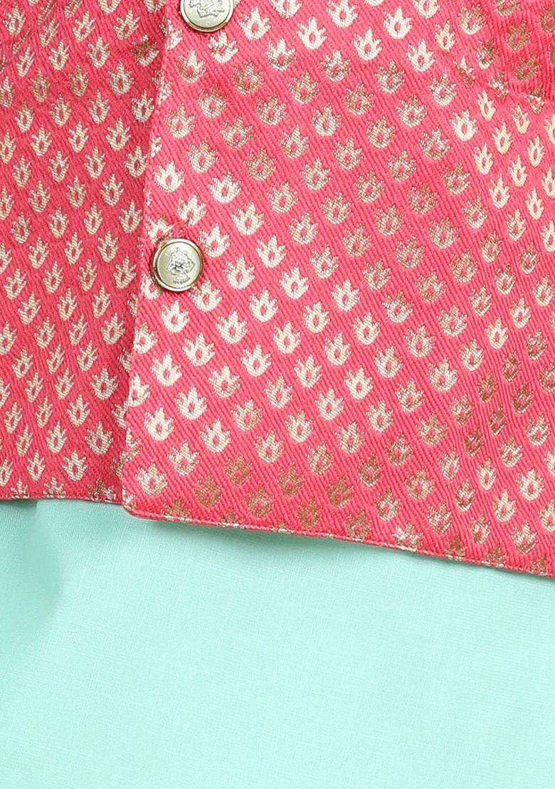 Green Woven Design Cotton Kurta Set For Boys - Indya