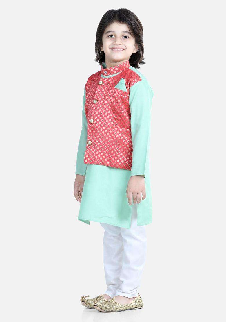 Green Woven Design Cotton Kurta Set For Boys - Indya