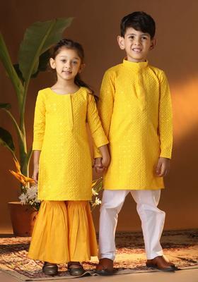 Yellow Embroidered Viscose Kurta Set For Boys
