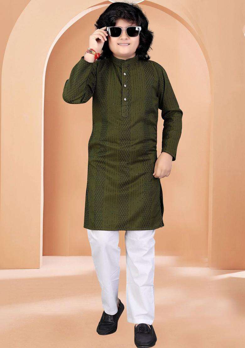 Olive Self Design Viscose Kurta Set For Boys - Indya