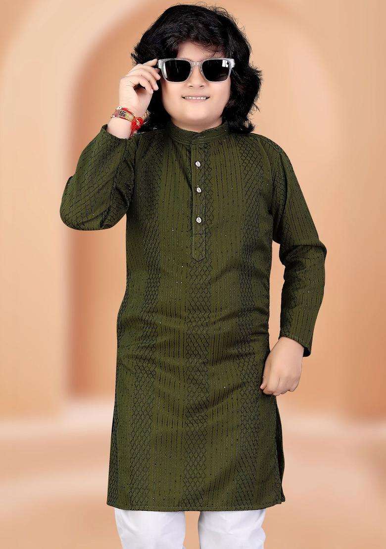 Olive Self Design Viscose Kurta Set For Boys - Indya