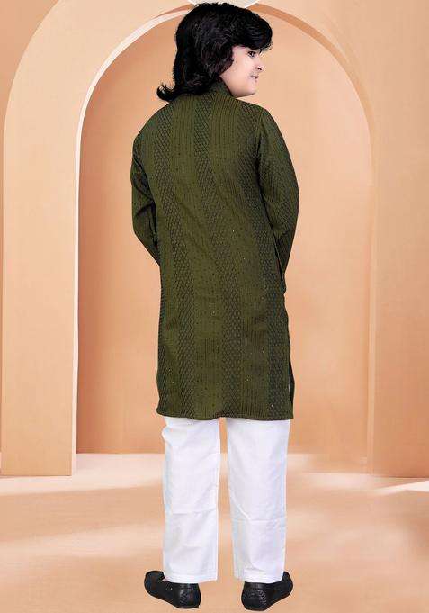 Olive Self Design Viscose Kurta Set For Boys