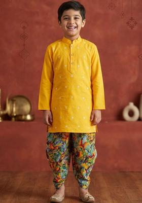 Yellow Embroidered Cotton Kurta Set For Boys