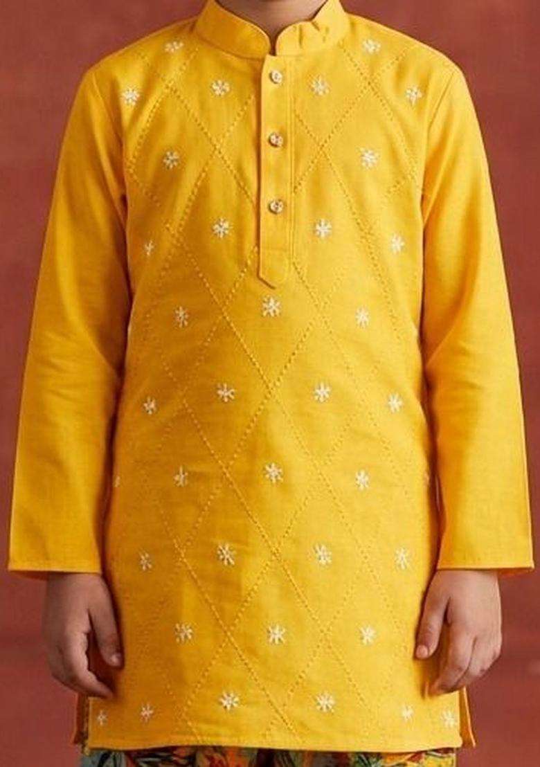 Yellow Embroidered Cotton Kurta Set For Boys - Indya