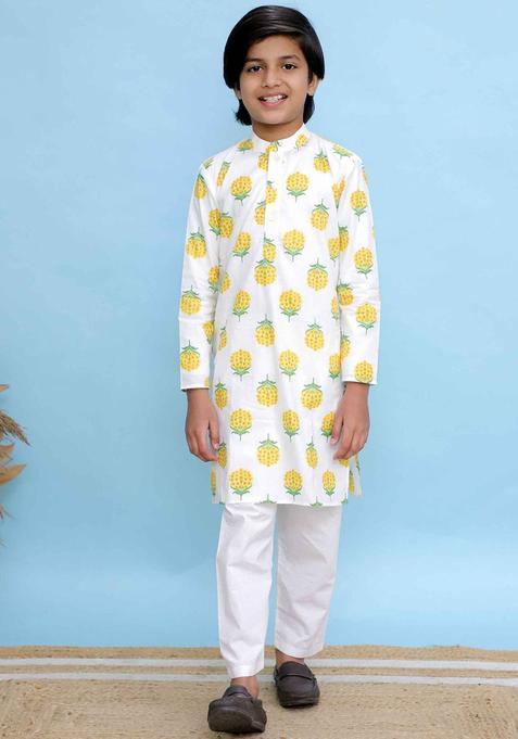 White Printed Cotton Kurta Set For Boys — view on Indya