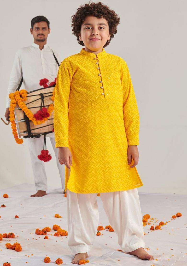 Yellow Embroidered Georgette Kurta Set For Boys - Indya