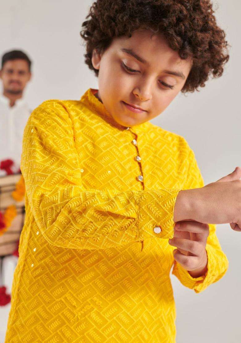 Yellow Embroidered Georgette Kurta Set For Boys - Indya