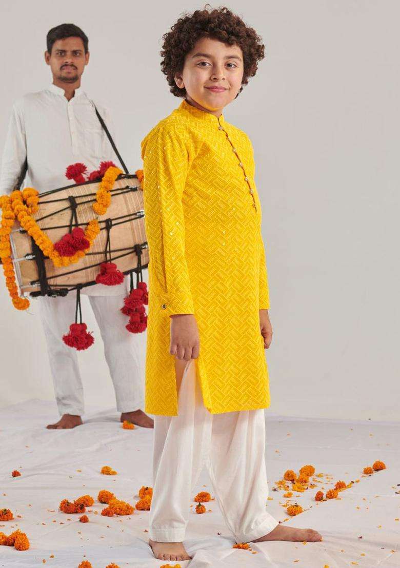 Yellow Embroidered Georgette Kurta Set For Boys - Indya