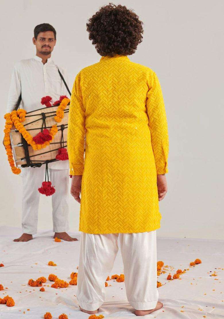 Yellow Embroidered Georgette Kurta Set For Boys - Indya