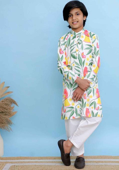 White Printed Cotton Kurta Set For Boys — view on Indya