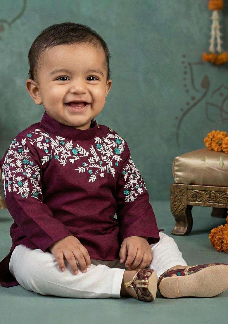 Maroon Embroidered Silk Kurta Set For Boys - Indya