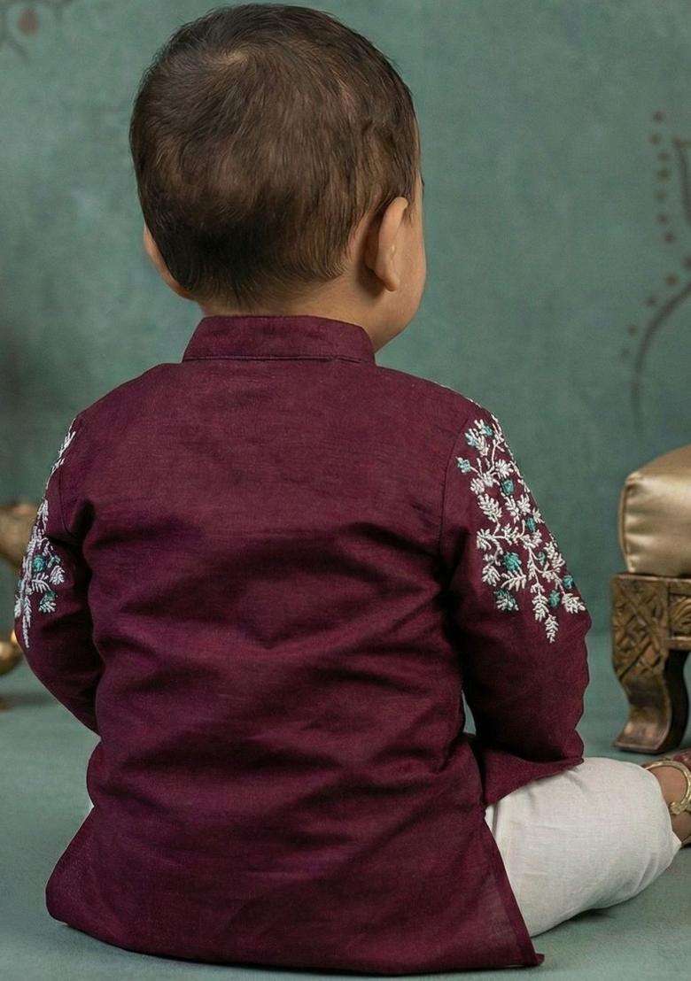 Maroon Embroidered Silk Kurta Set For Boys - Indya