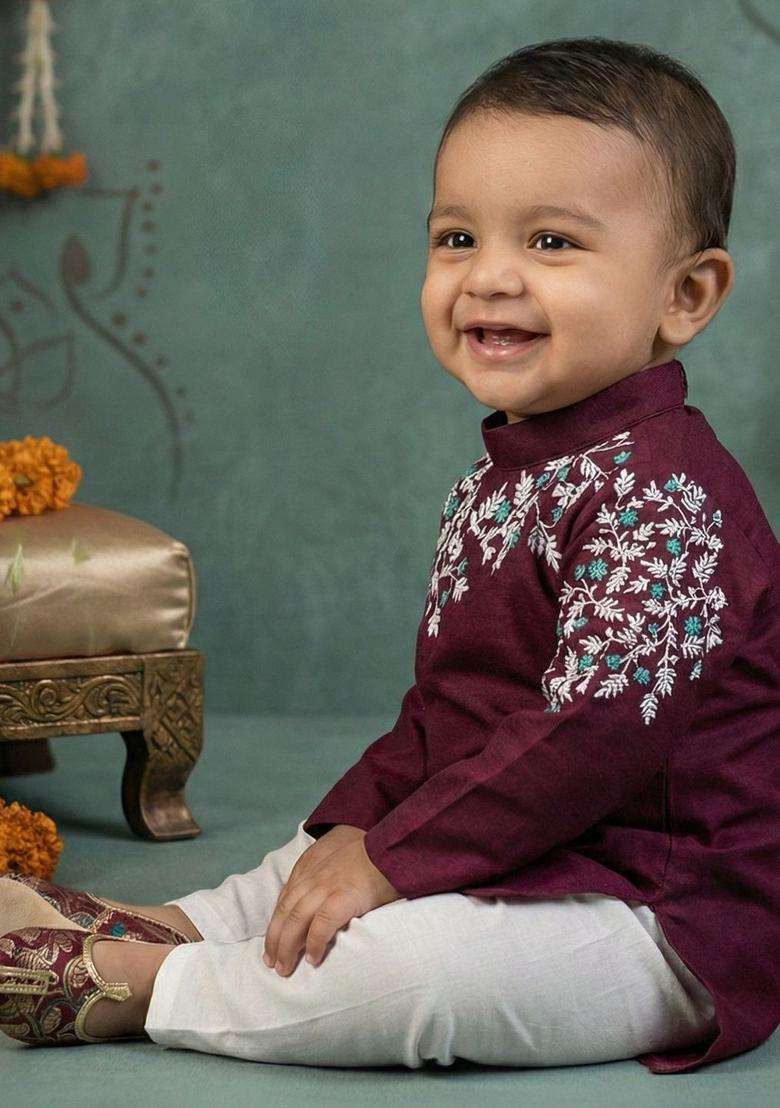 Maroon Embroidered Silk Kurta Set For Boys - Indya