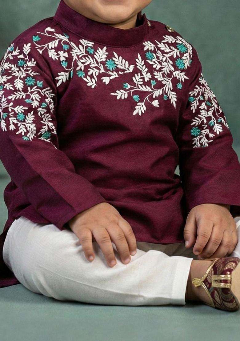 Maroon Embroidered Silk Kurta Set For Boys - Indya