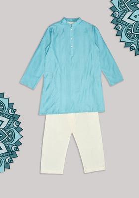 Turquoise Blue Solid Viscose Kurta Set For Boys