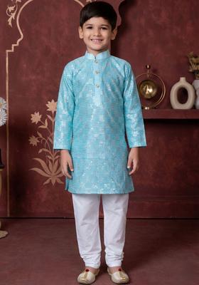 Turquoise Blue Solid Silk Kurta Set For Boys