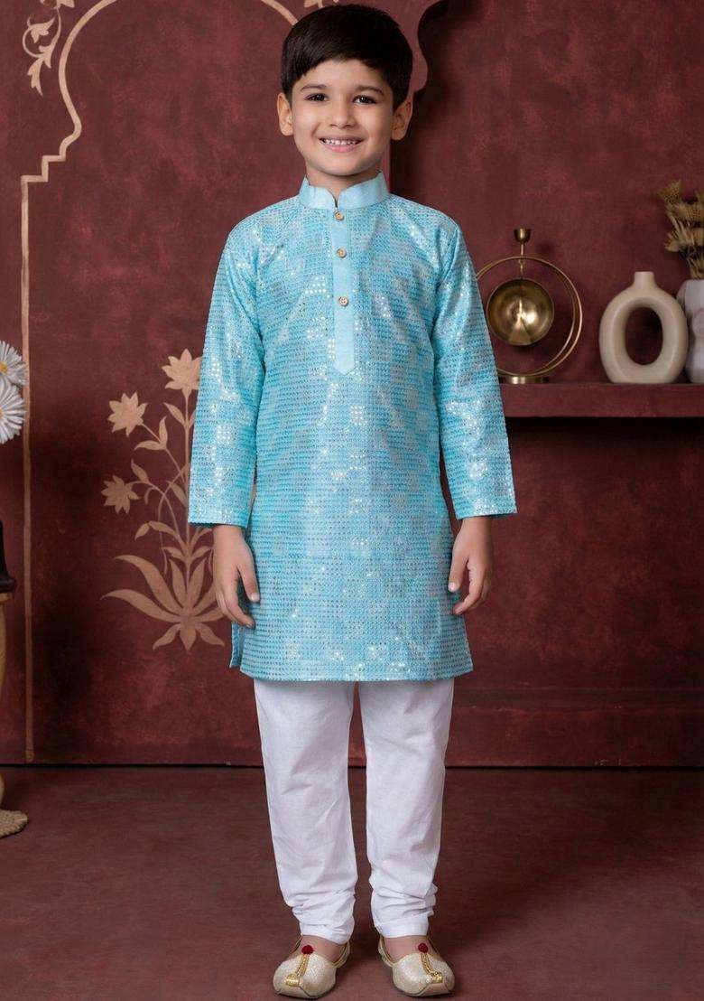 Turquoise Blue Solid Silk Kurta Set For Boys - Indya