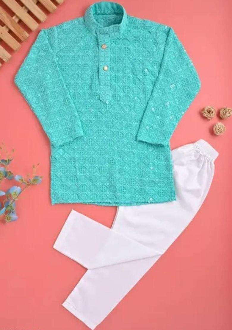 Blue Self Design Cotton Kurta Set For Boys - Indya