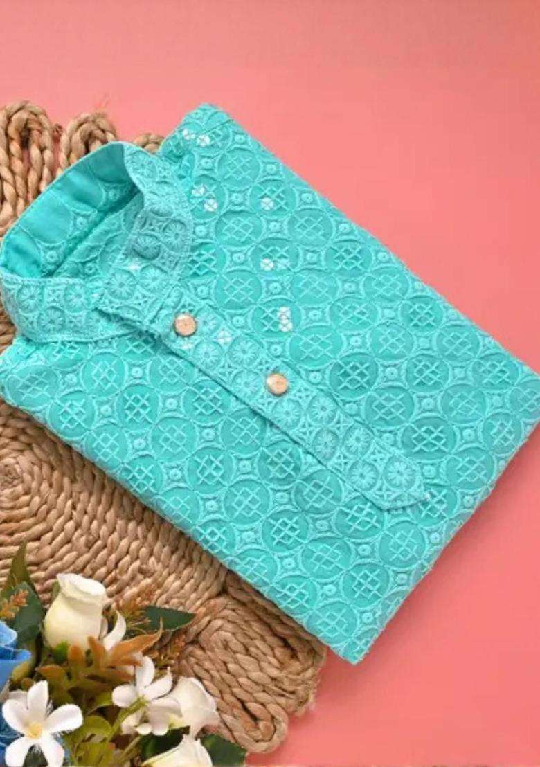 Blue Self Design Cotton Kurta Set For Boys - Indya