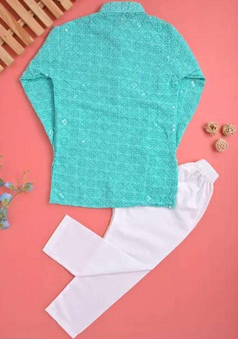 Blue Self Design Cotton Kurta Set For Boys - Indya