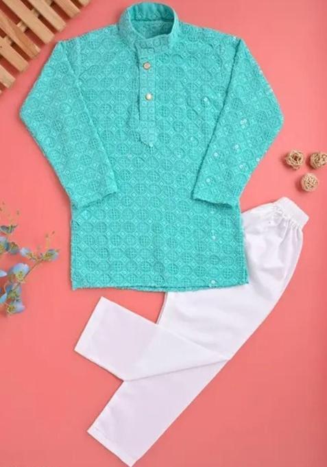 Blue Self Design Cotton Kurta Set For Boys — view on Indya