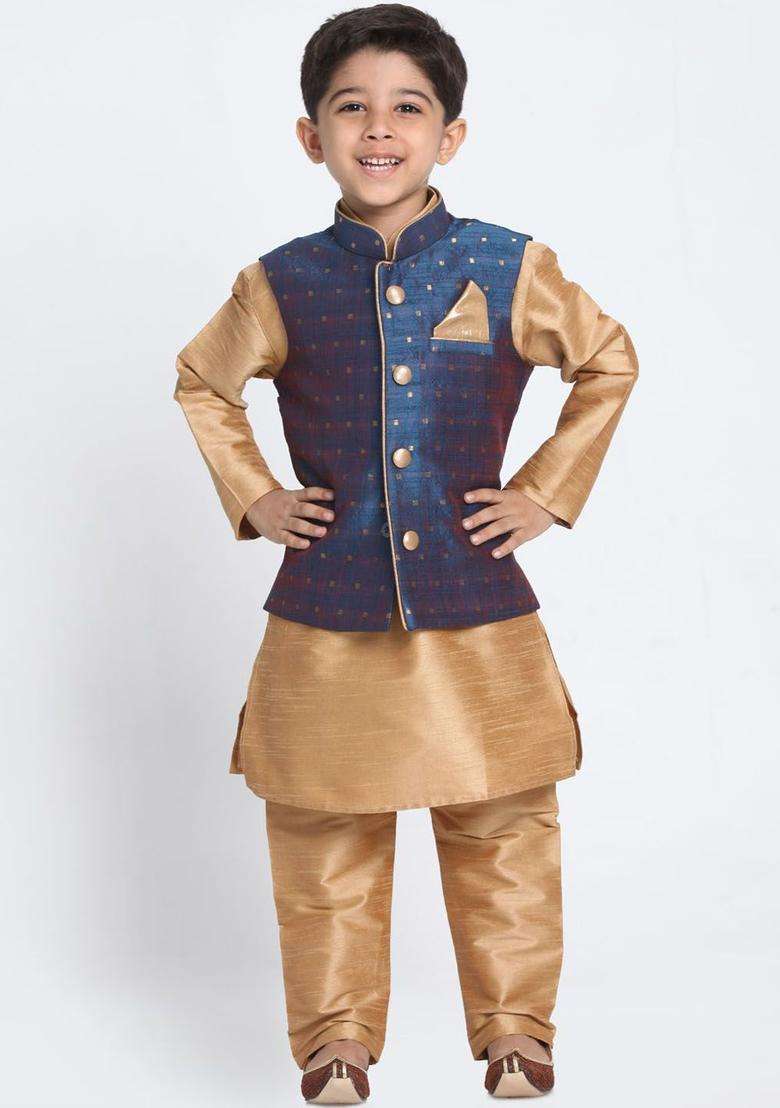 Rose Gold Solid Silk Kurta Set For Boys - Indya
