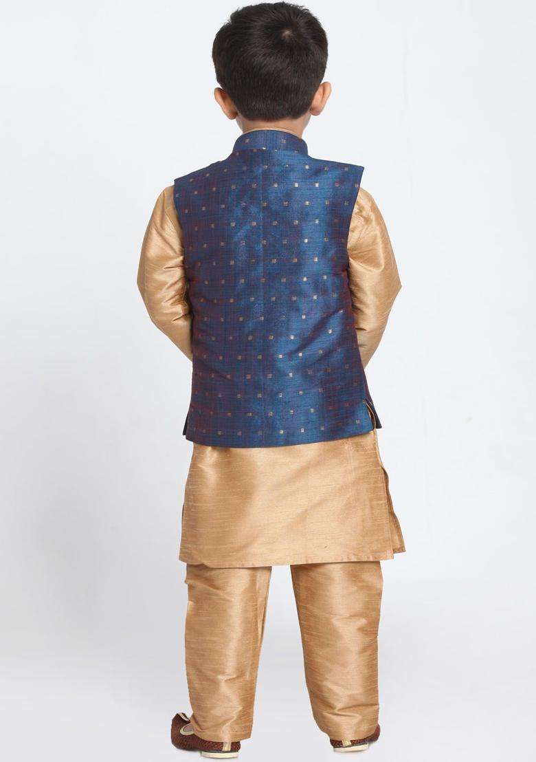 Rose Gold Solid Silk Kurta Set For Boys - Indya